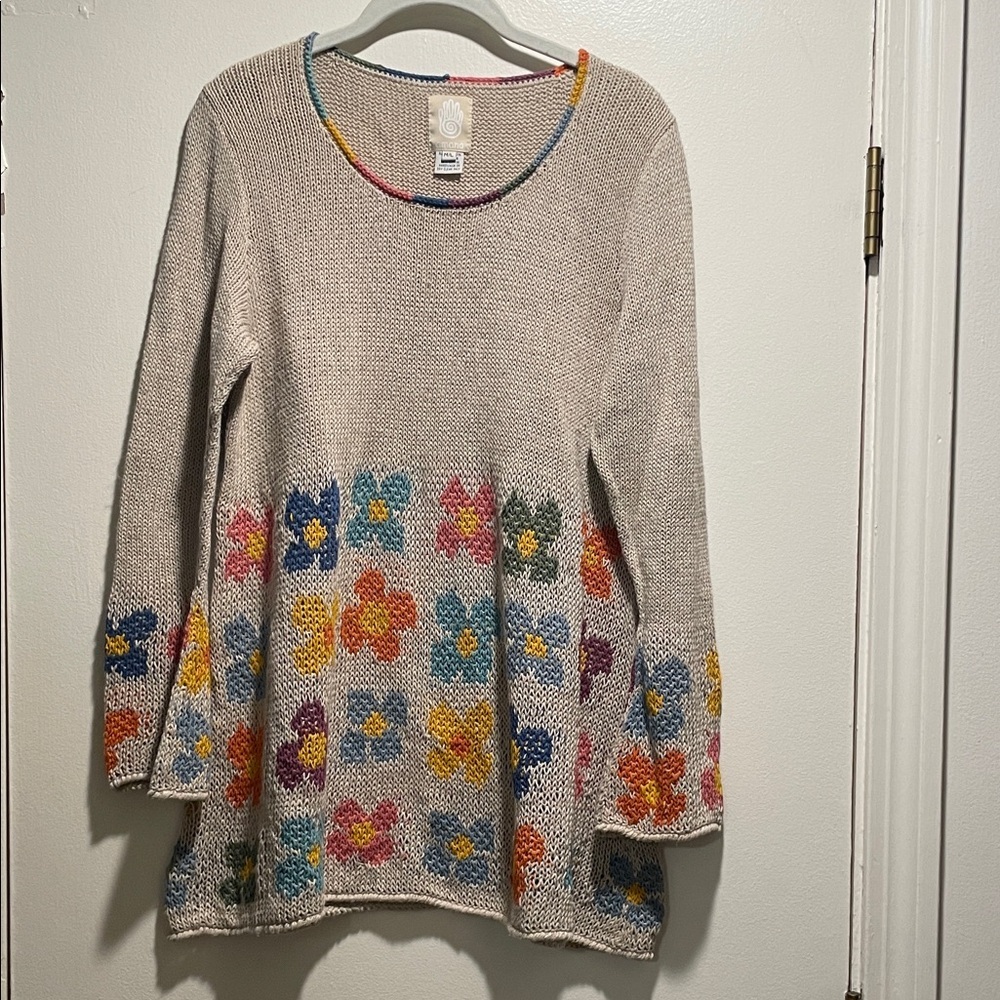 Amano Beige HandKnit  Multi Colored Floral Nd Crew Neckline Sweater or Tunic
